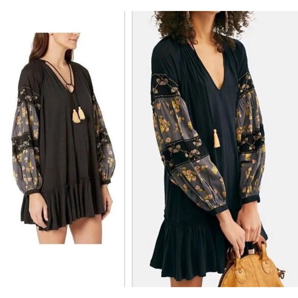 Free People Mix It Up Tunic Mini Dress Black Floral Women’s M Boho Festival